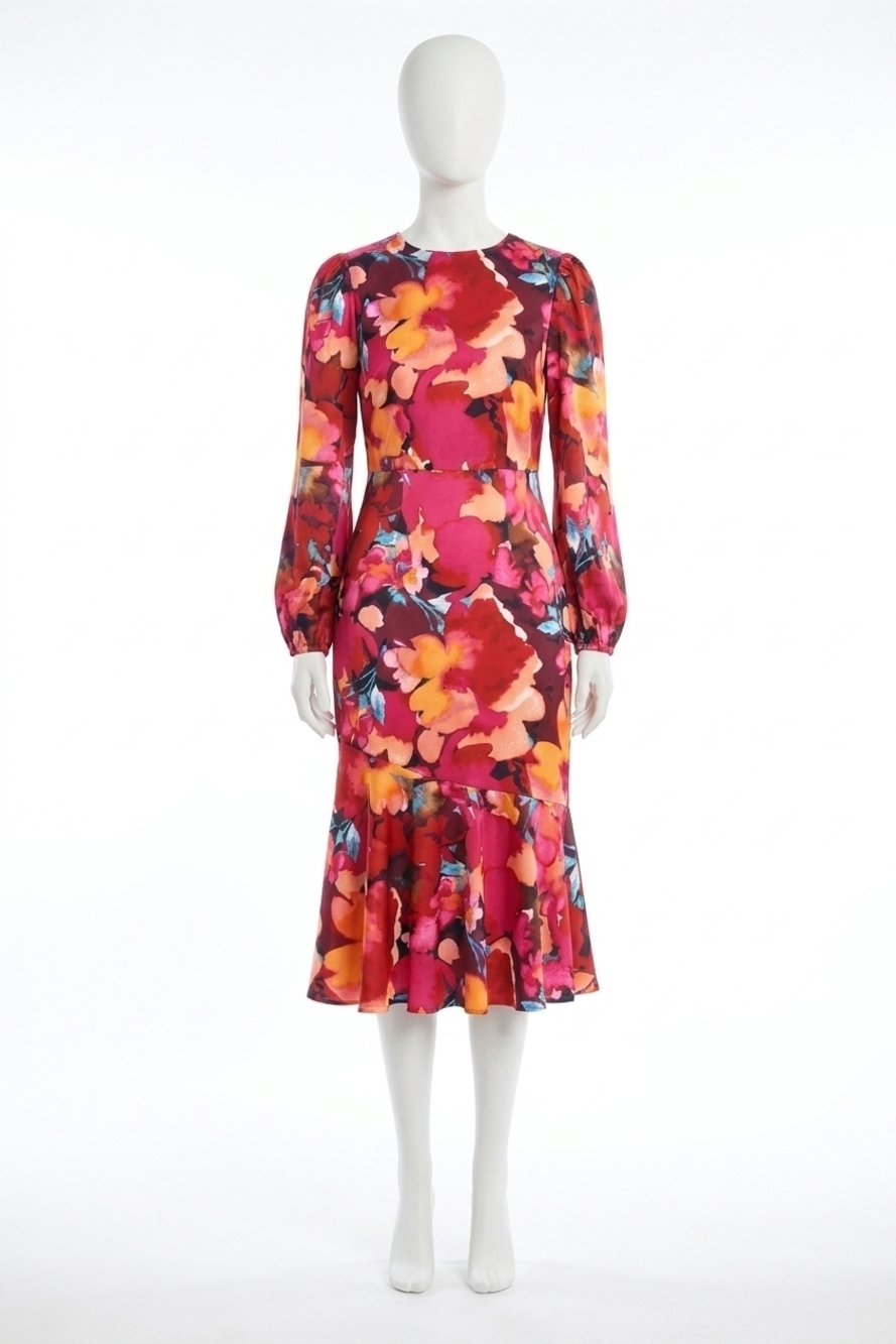 NEW MAGGY LONDON floral long sleeve satin dress in black/fuchsia